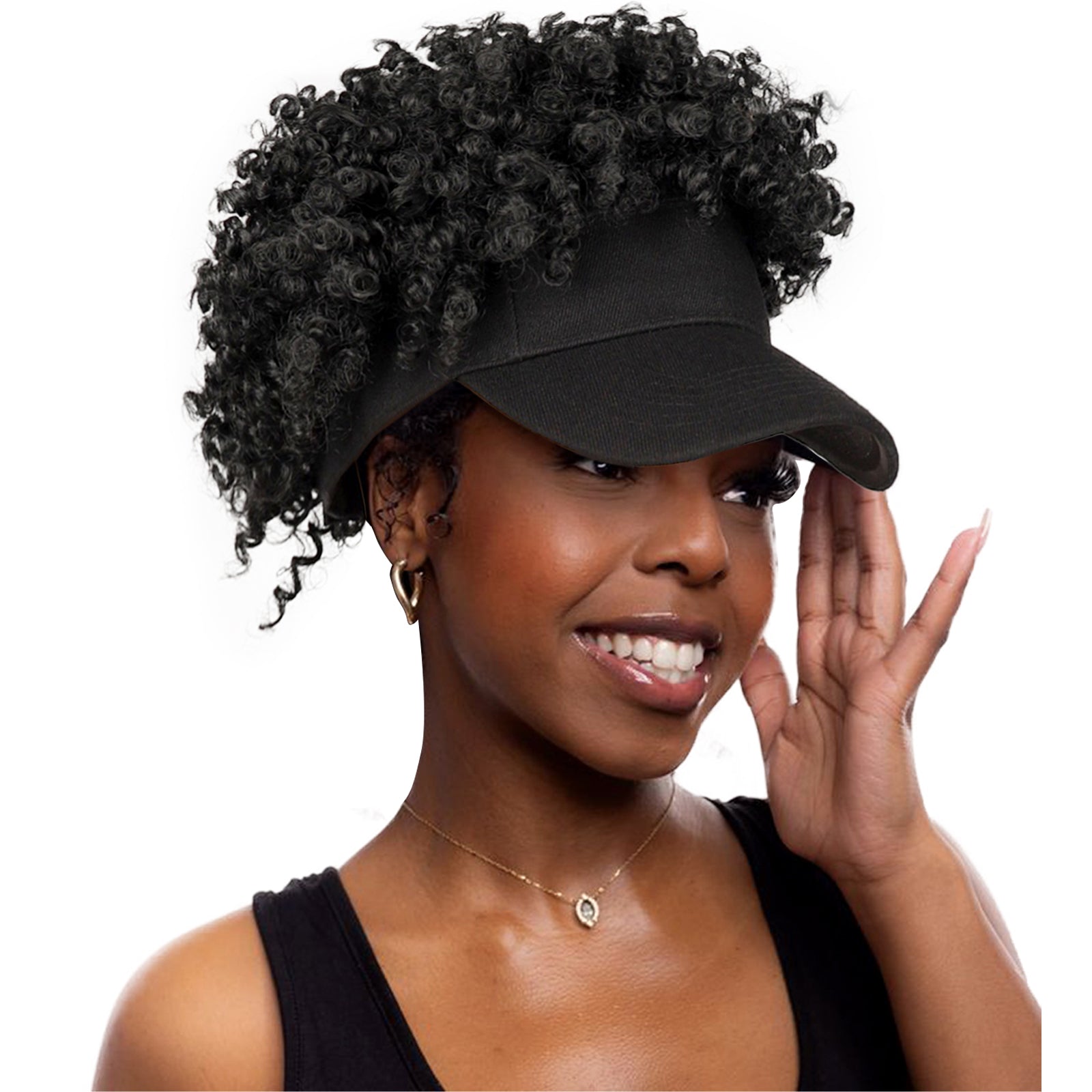 Black Baseball Cap with Short Afro Kinky Hair Attached-1B