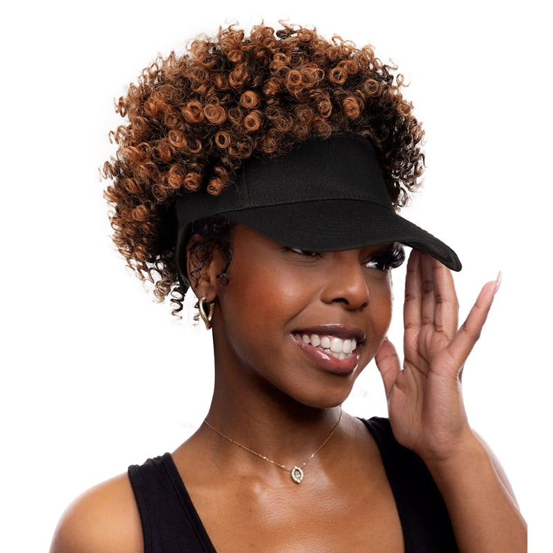 Black Baseball Cap with Short Afro Kinky Hair Attached-130