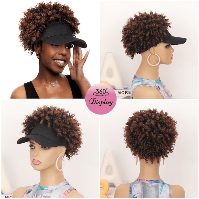 Black Baseball Cap with Short Afro Kinky Hair Attached-1B33-Display