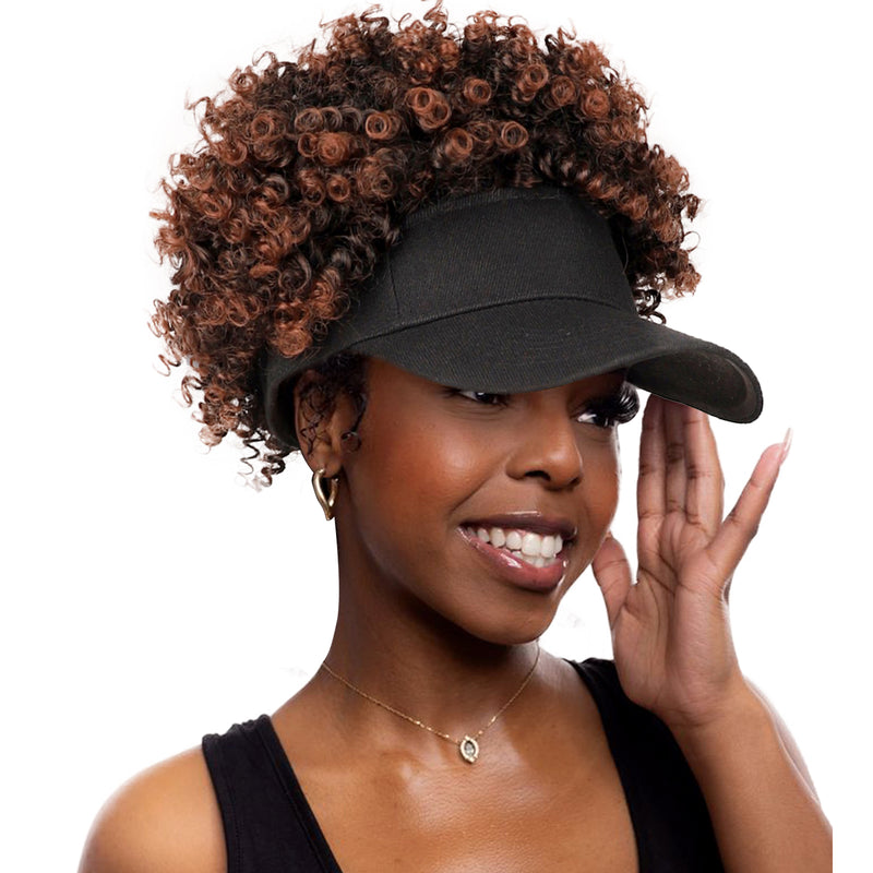 Black Baseball Cap with Short Afro Kinky Hair Attached-1B33