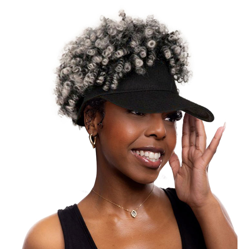 Black Baseball Cap with Short Afro Kinky Hair Attached-1BT0906