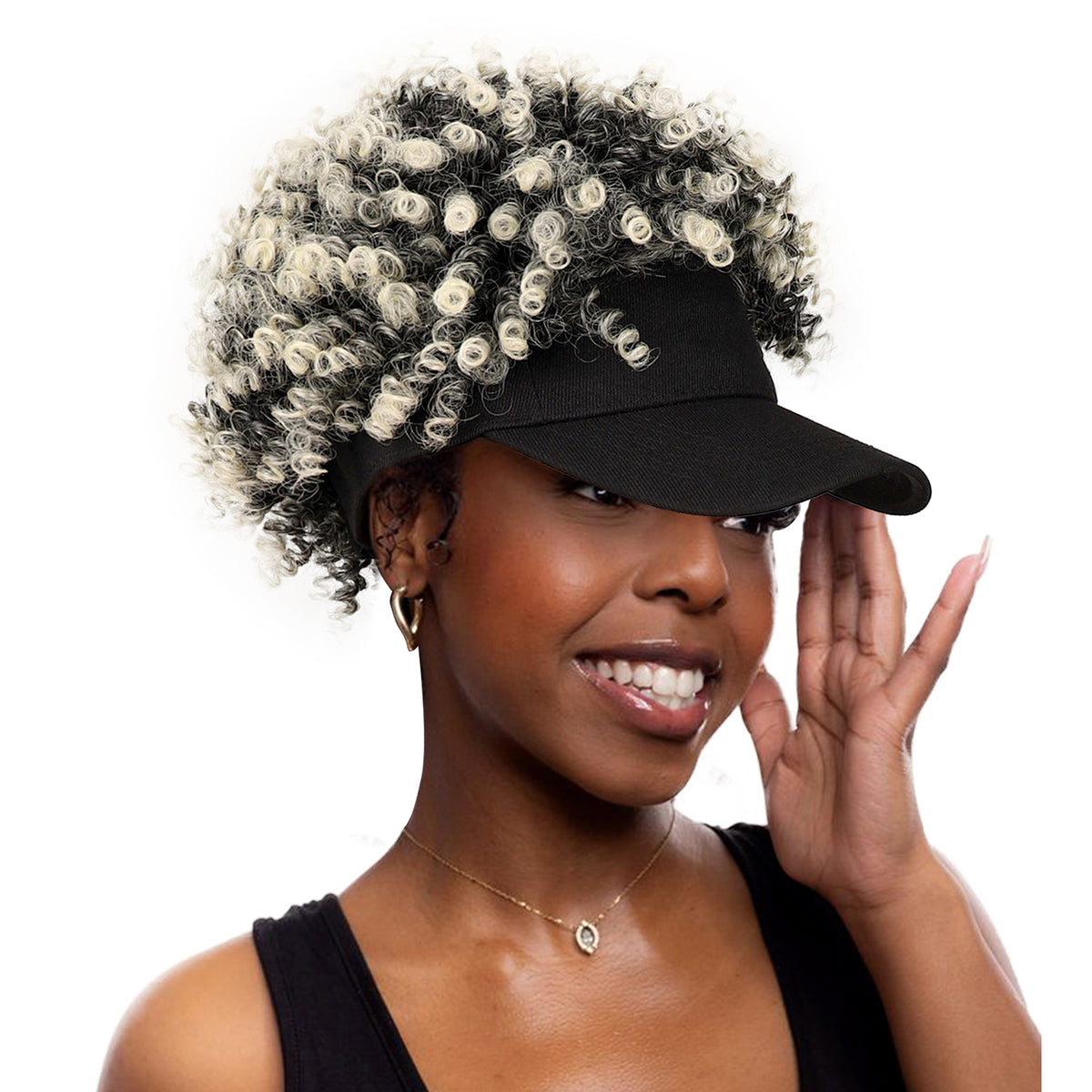 Black Baseball Cap with Synthetic Afro Puff Adjustable Fit Casual Use stylish CurlCap Natural Hair Backless Satin Lined Baseball Hat  main image 3