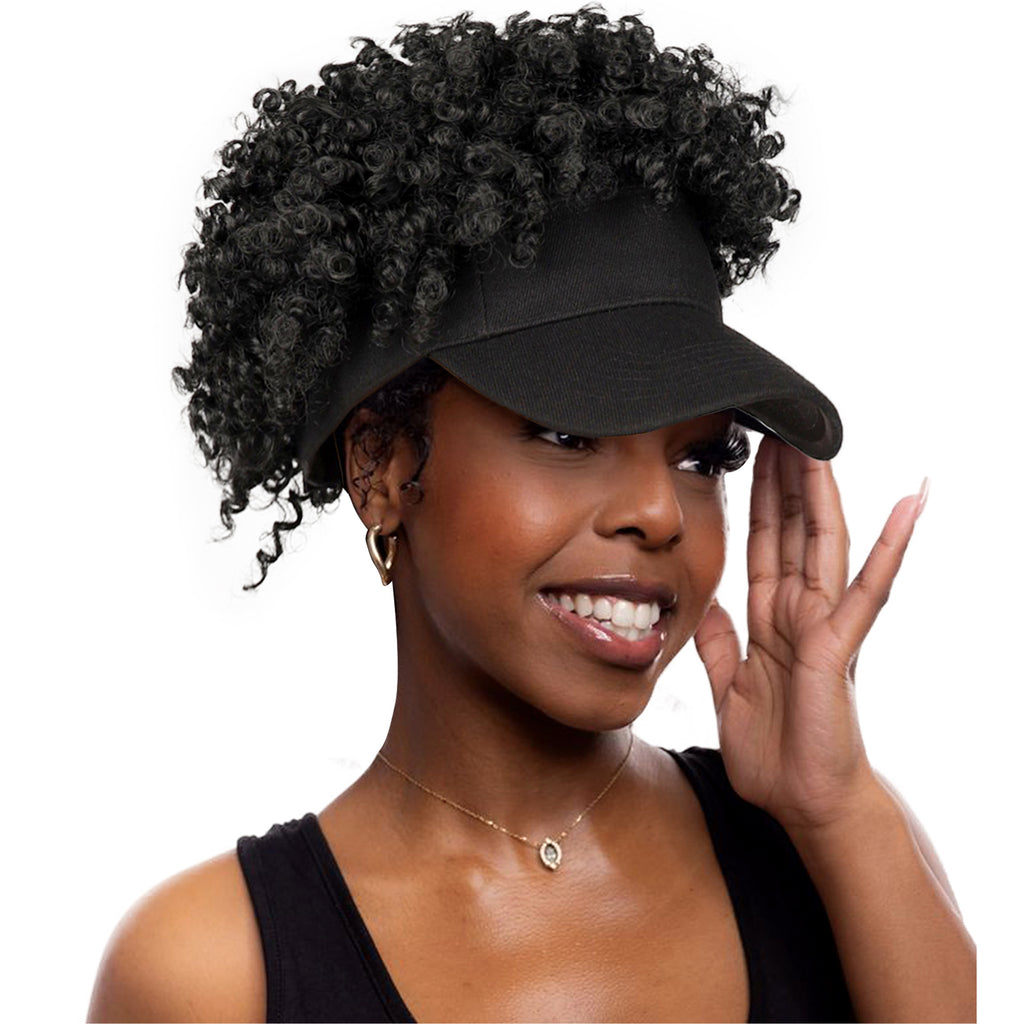 Black Baseball Cap with Short Afro Kinky Hair Attached - Synthetic Hair Afro Puff Kinky Curly Hair Ponytail Extension Hat Wig for Black Women