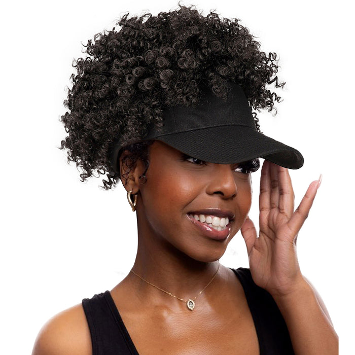 Black Baseball Cap with Short Afro Kinky Hair Attached-2