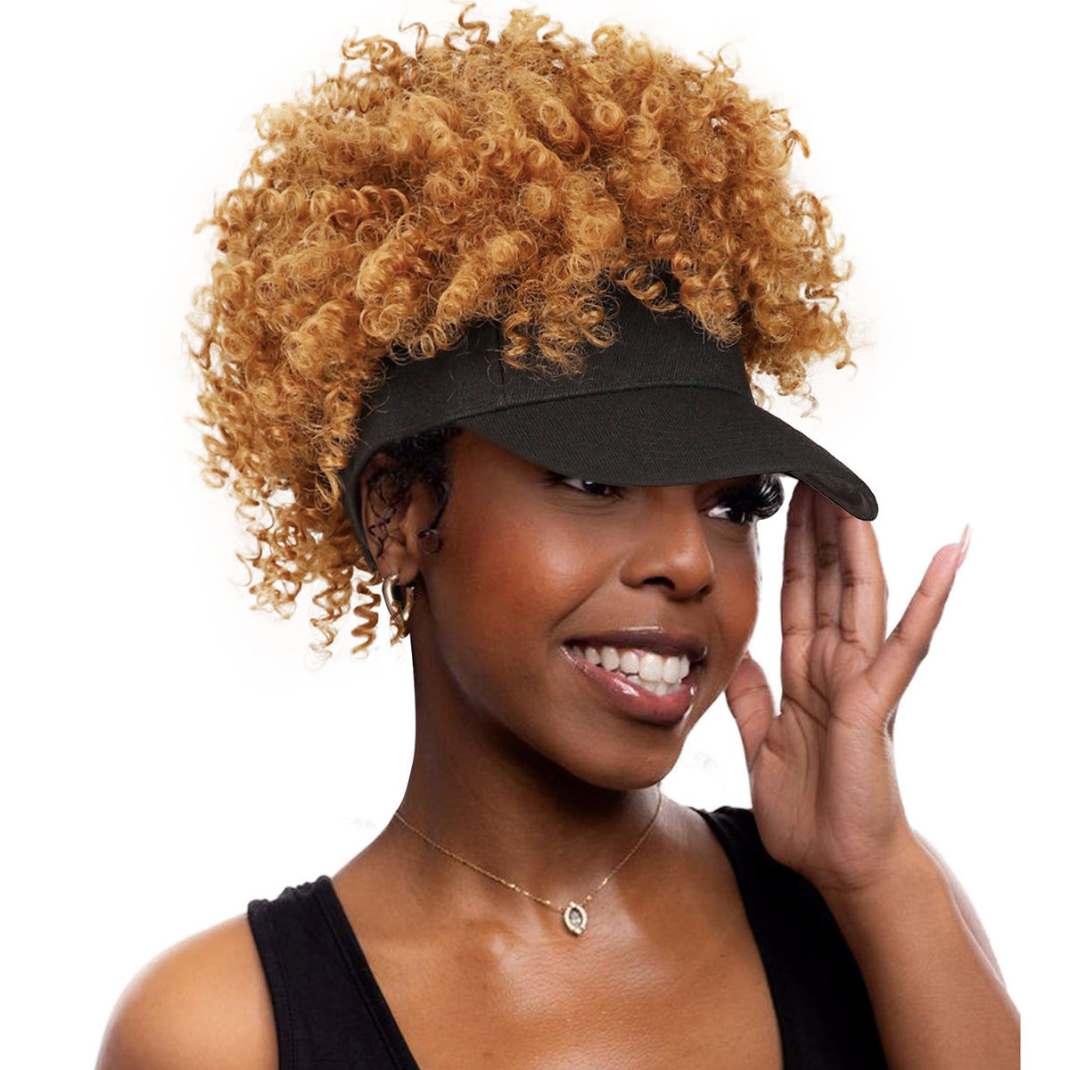 Black Baseball Cap with Short Afro Kinky Hair Attached Hat 