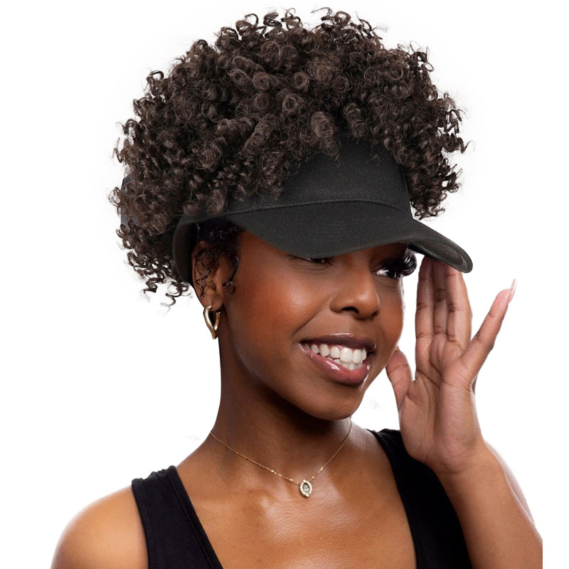 Black Baseball Cap with Short Afro Kinky Hair Attached-4#