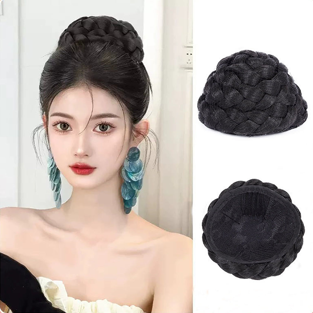 VAVANGA Small Size Natural Braided Chignon Bun Hairpiece Black Donut Scrunchie Clip in Hair Bun Updo Hair Piece Twisted Bun Ponytail Hair Extensions Clip in Fake Bun for Women