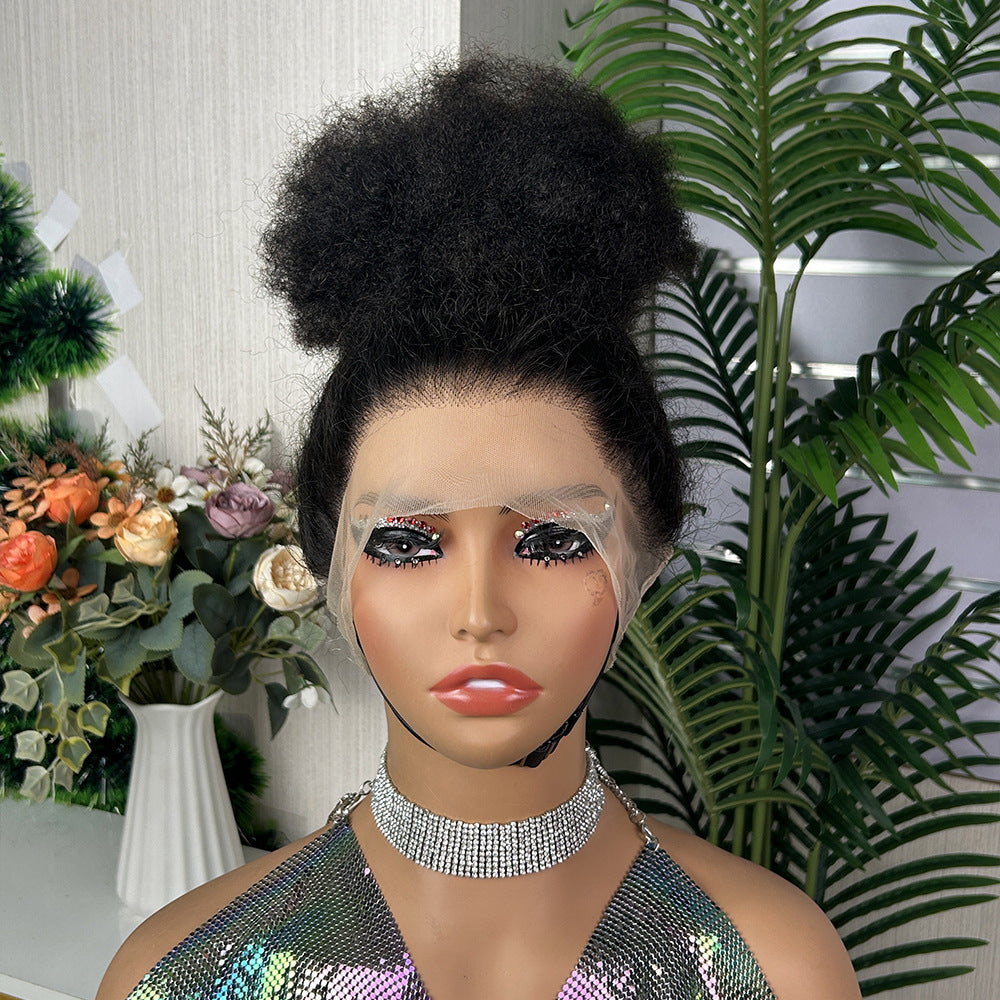 360 Full Lace Wig Afro Kinky Curl High Puff Bun Human Hair Wigs