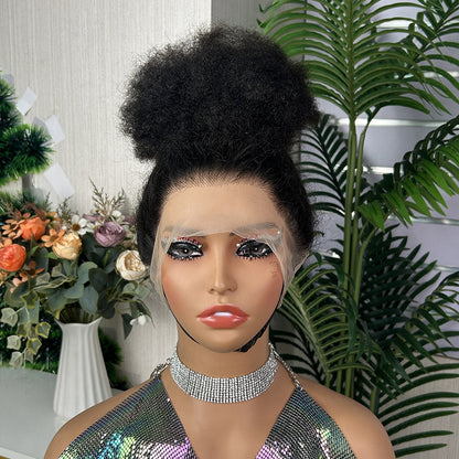 360 Full Lace Wig Afro Kinky Curl High Puff Bun Human Hair Wigs