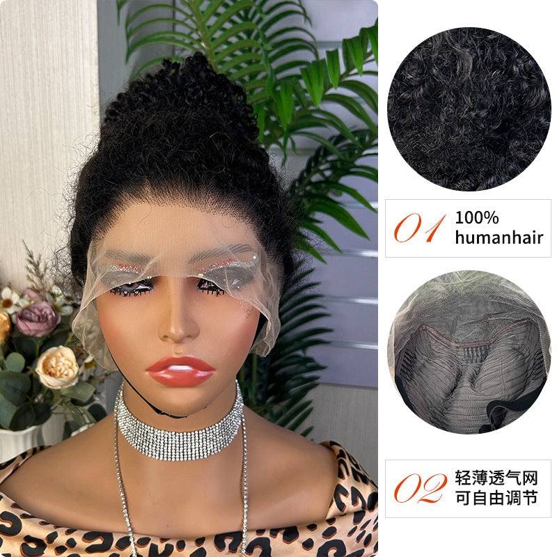 360 Full Lace Wig Afro Kinky Curl High Puff Bun Human Hair Wigs