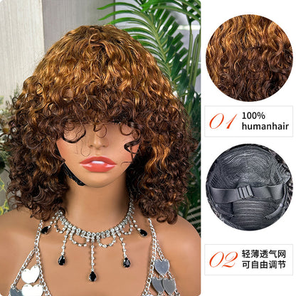 Water Wave Bob Wig with Bangs Human Hair 12'' Ombre Color Machine Made Wig