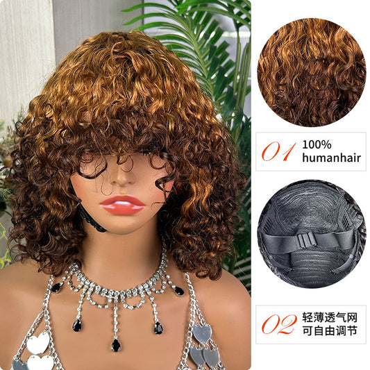 Water Wave Bob Wig with Bangs Human Hair 12'' Ombre Color Machine Made Wig