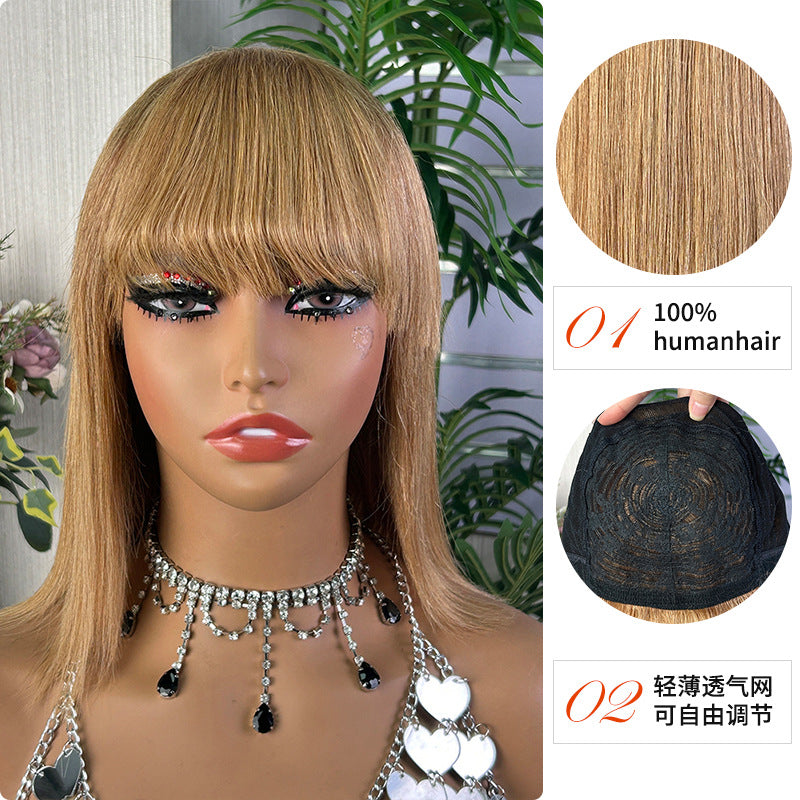 Human Hair Bob Wig with Bangs Honey Blonde Machine Made Wig 100% Human Hair