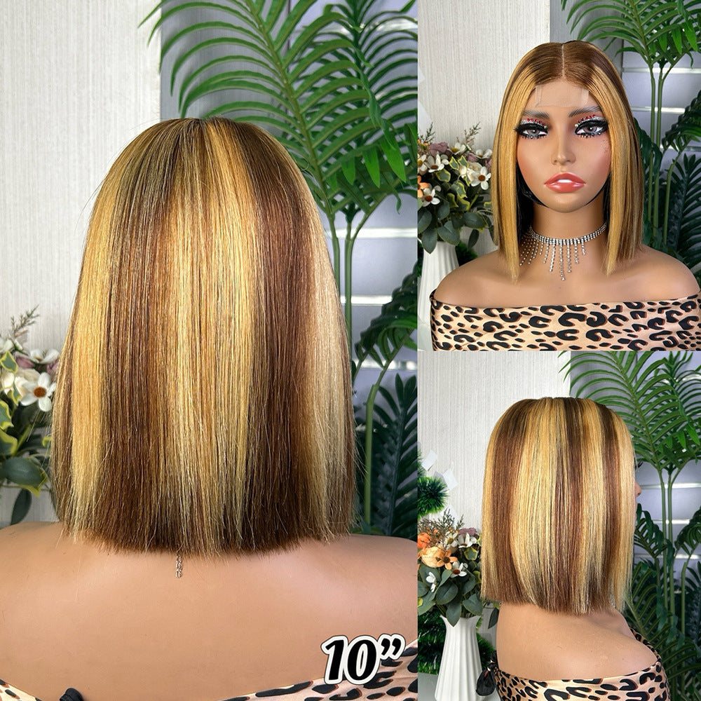 2x6 Kim Bob Wig Glueless 10inch Bone Straight Middle Part Human Hair for African American