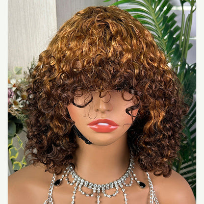 Water Wave Bob Wig with Bangs Human Hair 12'' Ombre Color Machine Made Wig