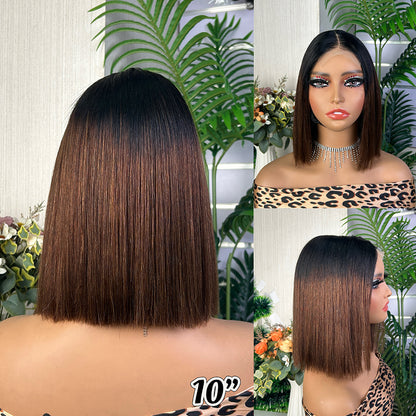2x6 Kim Bob Wig Glueless 10inch Bone Straight Middle Part Human Hair for African American