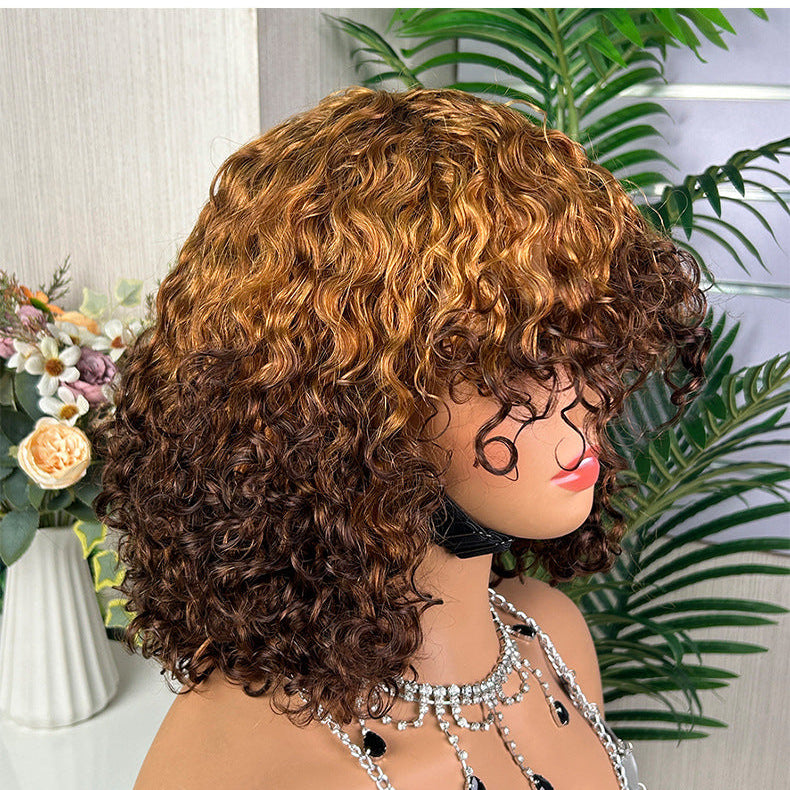Water Wave Bob Wig with Bangs Human Hair 12'' Ombre Color Machine Made Wig