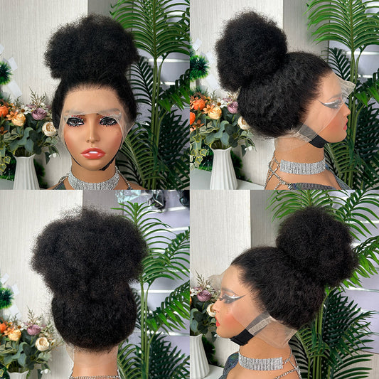 360 Full Lace Wig Afro Kinky Curl High Puff Bun Human Hair Wigs