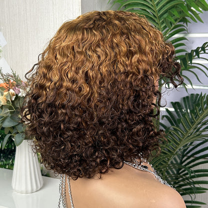 Water Wave Bob Wig with Bangs Human Hair 12'' Ombre Color Machine Made Wig
