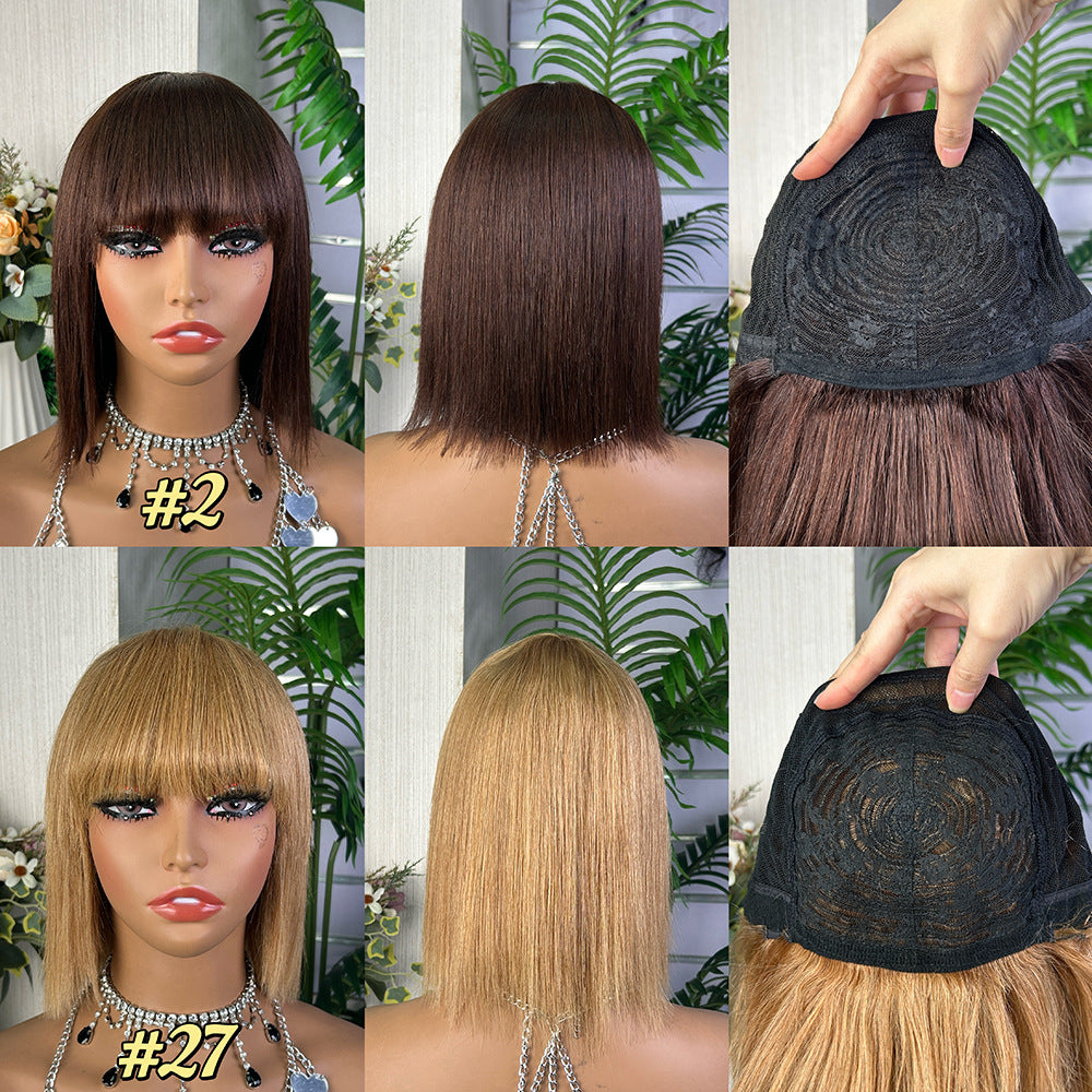 Human Hair Bob Wig with Bangs Honey Blonde Machine Made Wig 100% Human Hair