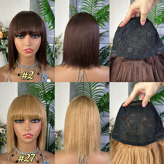 Human Hair Bob Wig with Bangs Honey Blonde Machine Made Wig 100% Human Hair