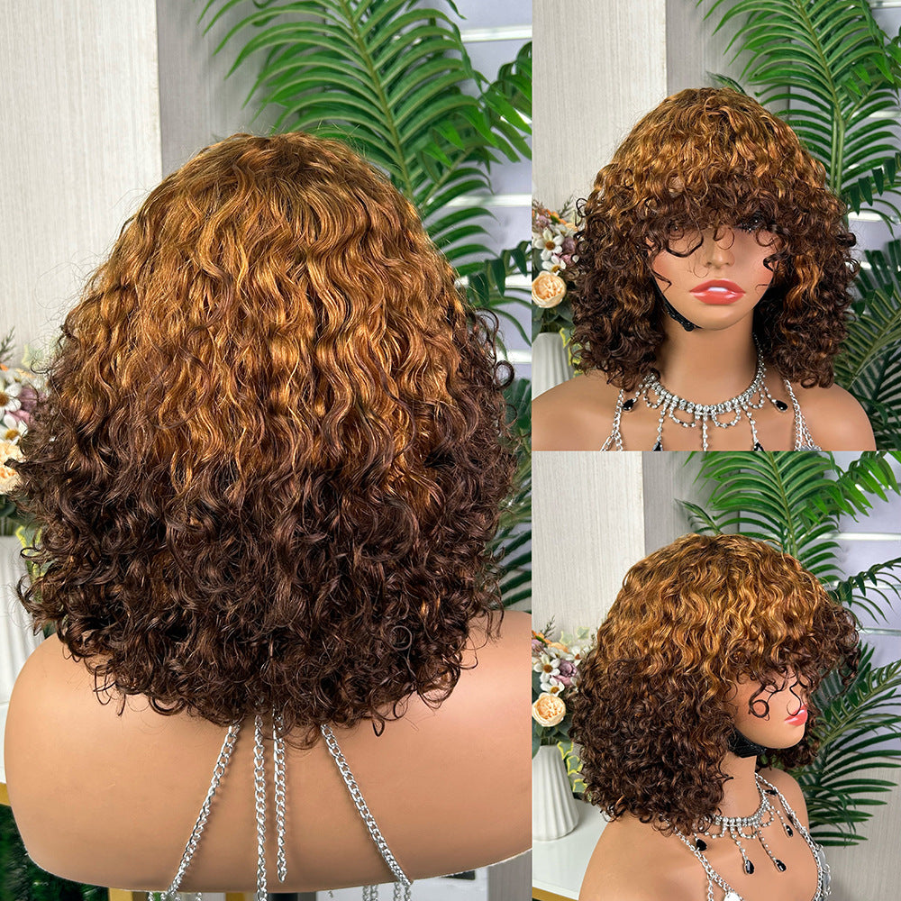 Water Wave Bob Wig with Bangs Human Hair 12'' Ombre Color Machine Made Wig