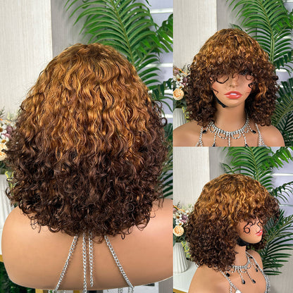 Water Wave Bob Wig with Bangs Human Hair 12'' Ombre Color Machine Made Wig