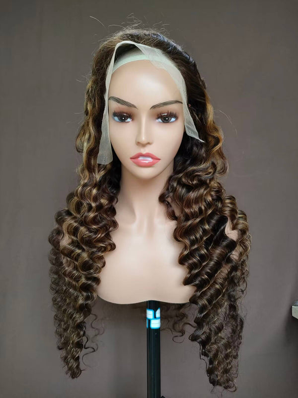 P4/27 Highlight Human Hair Deep Wave Wig Lace Frontal  for African American
