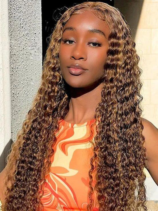 P4/27 Highlight Human Hair Deep Wave Wig Lace Frontal  for African American