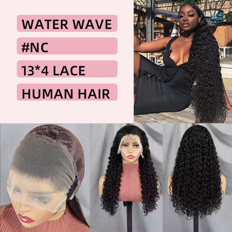  Water Wave Human Hair Lace Frontal Wig Black Color Free Part for Black Women 
