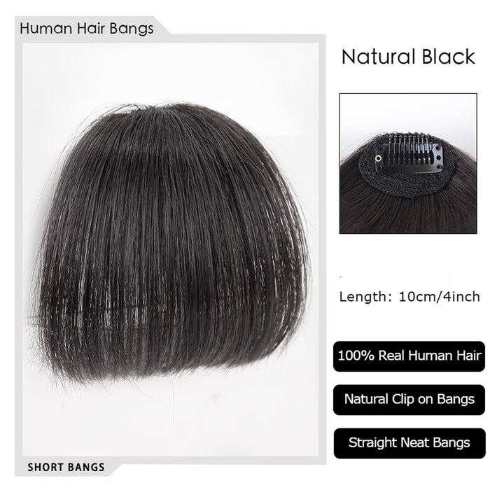 VANANGA Short Clip on Bangs, 100% Real Human Hair French Bangs Black Thick Bangs Clip in Straight Neat Bangs Fringe without Temple Hairpiece Hair Extension for Women