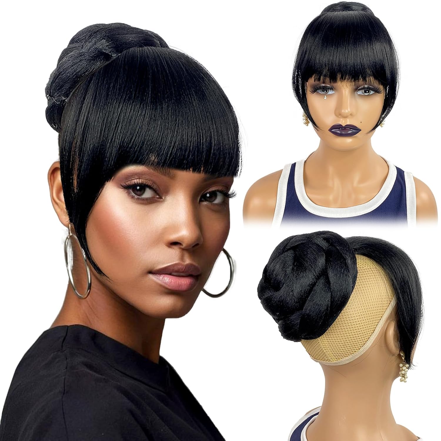 Bun with Bang Set 2pcs - Black Thick Curtain Bang with Twist Braided Bun Clip in