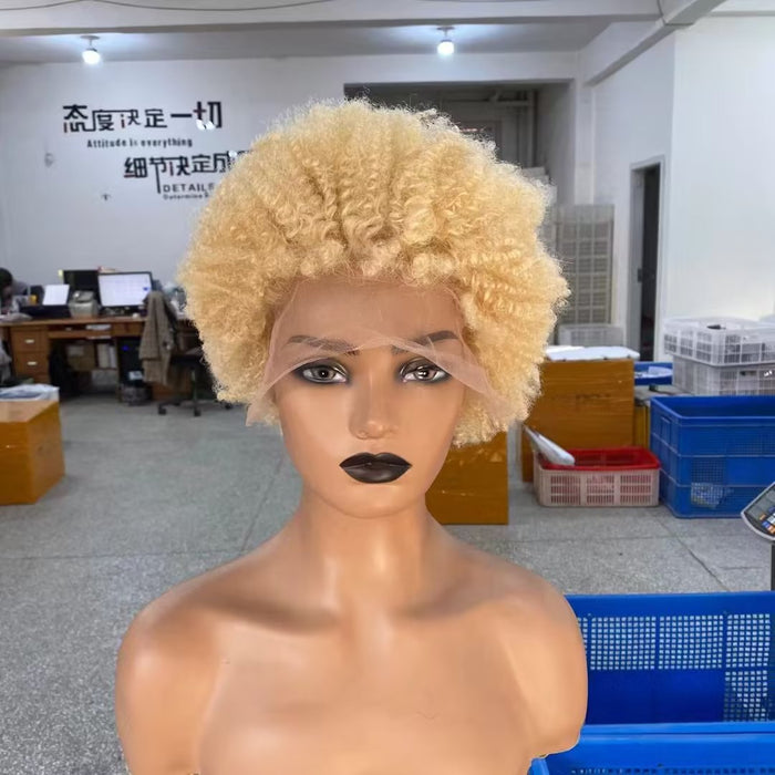 Short Human Hair Blonde Afro Wig Lace Front Brazilian Hair for Black Women