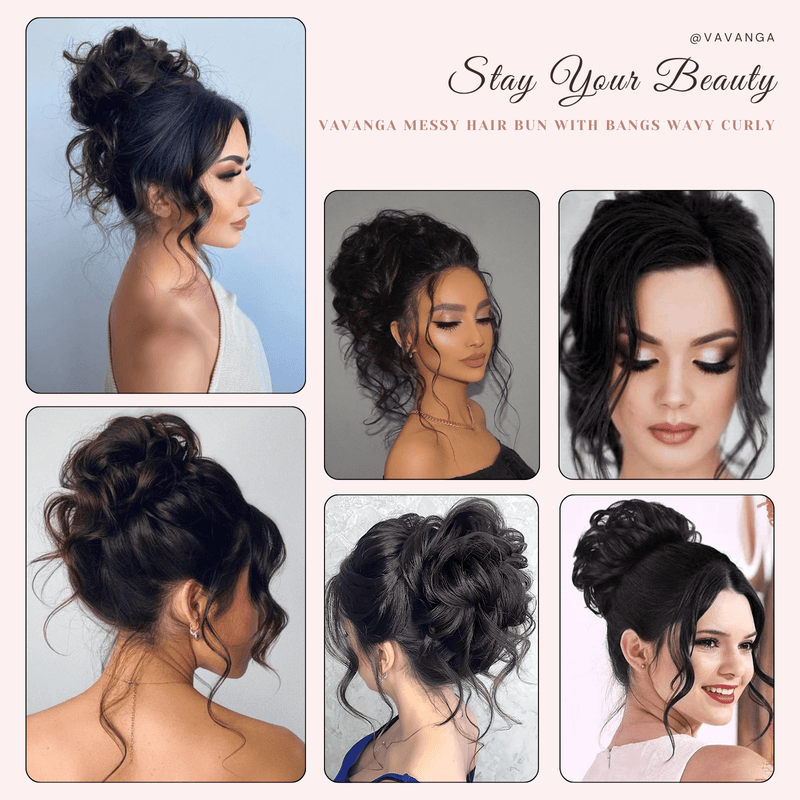 VANANGA Messy Hair Bun with Bang 2 Piece Black Claw Clip Hair Bun and Long Curly Air Bangs