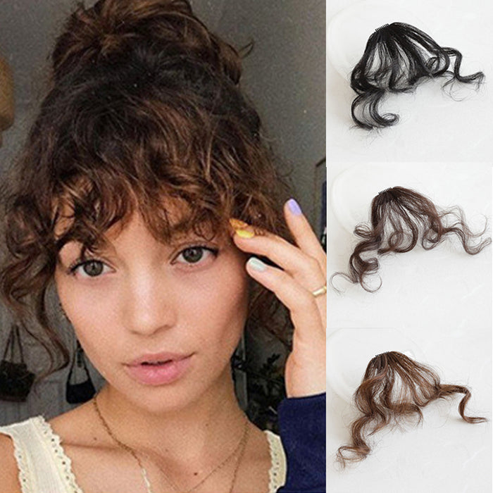 VAVANGA Long Curly Bangs Clip in Hair Extension, Natural Wave French Bangs Clip on Wispy Bangs Curly Air Bangs Fake Fringe Bangs Hair Piece for Women