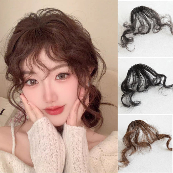 VAVANGA Long Curly Bangs Clip in Hair Extension, Natural Wave French Bangs Clip on Wispy Bangs Curly Air Bangs Fake Fringe Bangs Hair Piece for Women