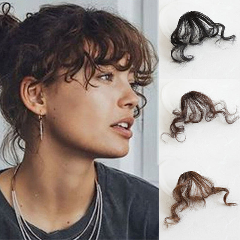 VAVANGA Long Curly Bangs Clip in Hair Extension, Natural Wave French Bangs Clip on Wispy Bangs Curly Air Bangs Fake Fringe Bangs Hair Piece for Women