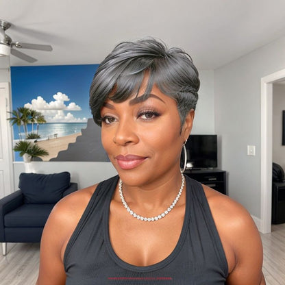 Salt and Pepper Glueless Wigs 100% Human Hair with Bangs for Black Women