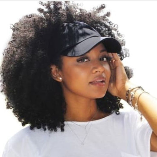 Black Baseball Cap with  Afro Hair Attached Hat Wig for Black Women
