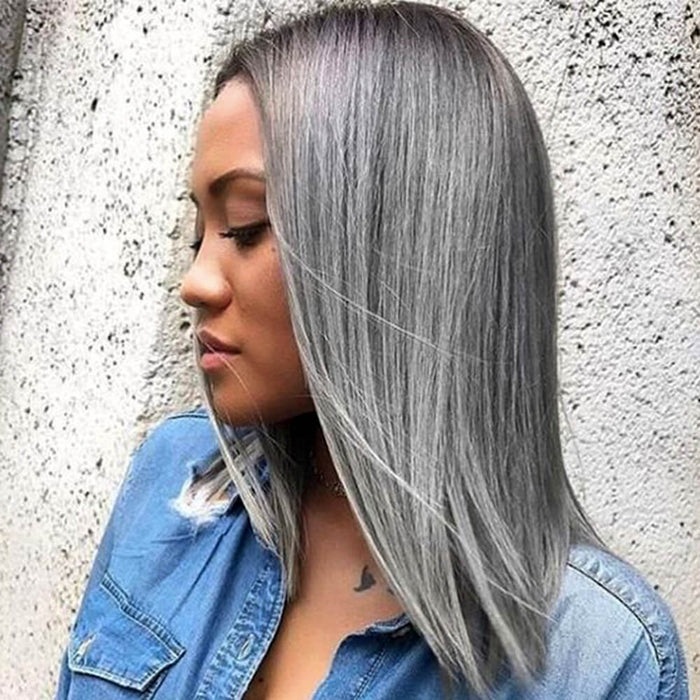 Grey Mix Color Human Hair Bob Wig Lace Frontal for African American-model