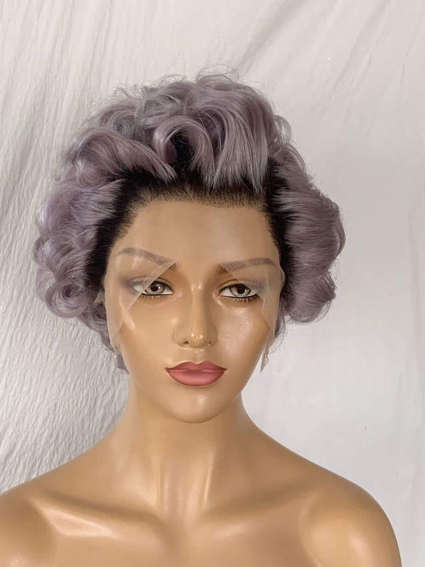 black ombre gray curly pixie cut human hairwig
