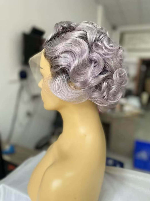 black ombre gray curly pixie cut human hairwig