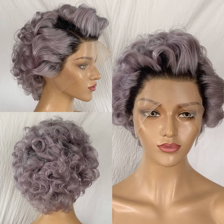 Black Ombre Gray Curly Pixie Cut Wig Human Hair Lace Frontal
