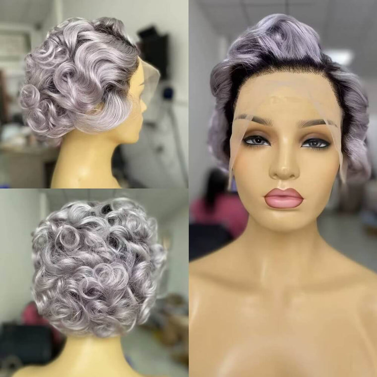 Black Ombre Gray Curly Pixie Cut Wig Human Hair for African American