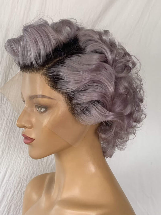 black ombre gray curly pixie cut wig human hair