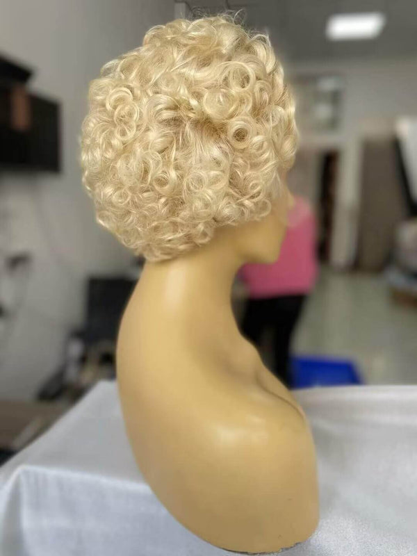 blonde afro curly pixie cut human hair lace wig