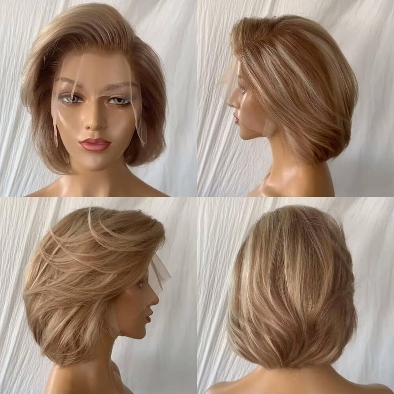 blonde mix brown straight pixie cut wig bob
