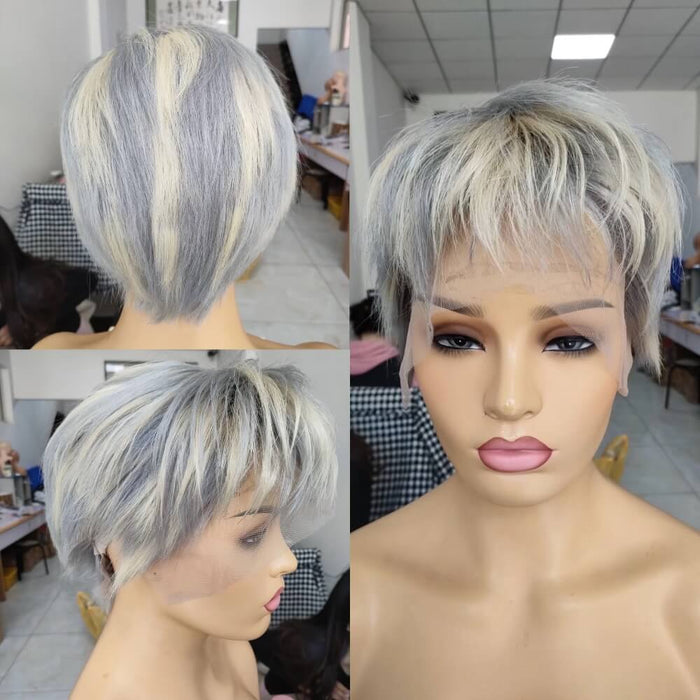 blonde mix gray pixie cut wig