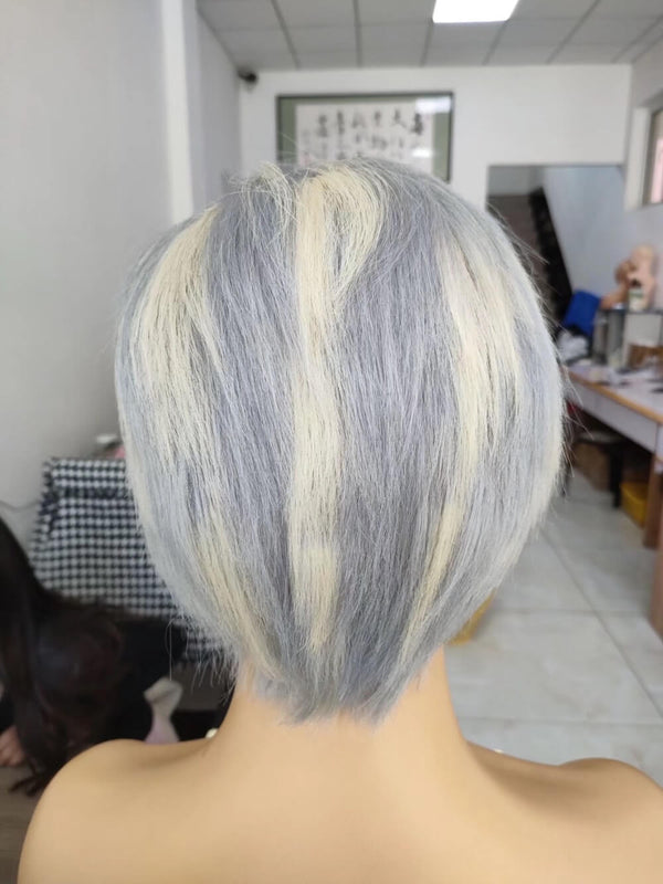 blonde mix gray short pixie cut wig