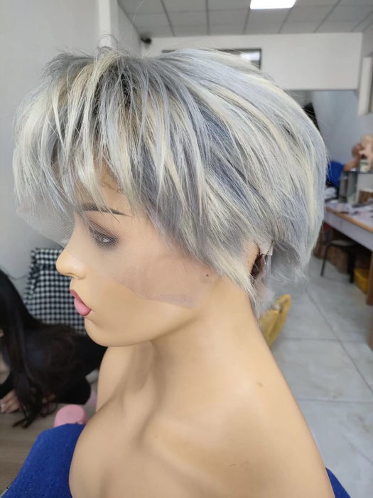 blonde mix gray short pixie cut wig human hair